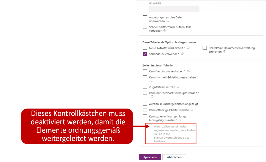 Screenshot der Anzeige „Tabelle bearbeiten“ mit deaktiviertem Kontrollkästchen „Zeilen automatisch in die Standard-Warteschlange des Eigentümers verschieben, wenn eine Zeile erstellt oder zugewiesen wird“.