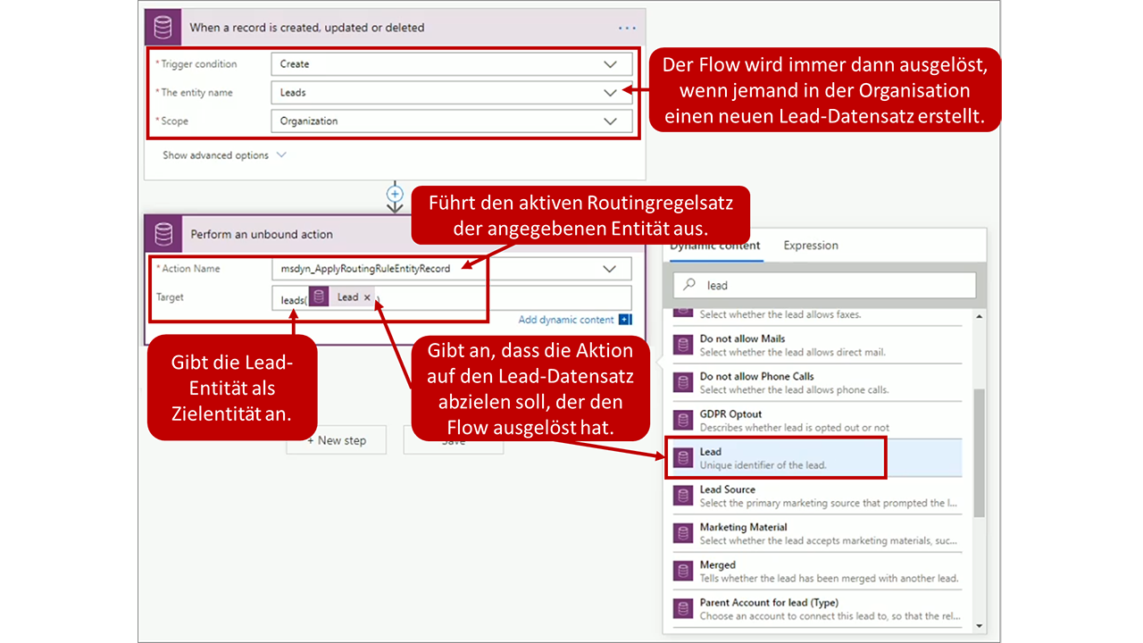 Screenshot eines Flows, der automatisch die Routingregel für Leads anwendet, wenn ein neuer Lead erstellt wird.