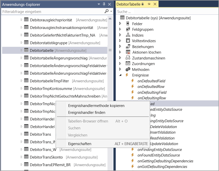Visual Studio-Screenshot zum Kopieren der Ereignishandlermethode aus dem Tabellendesignerfenster