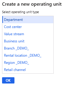 Screenshot der verfügbaren Typen der Organisationseinheit beim Erstellen einer neuen Organisationseinheit