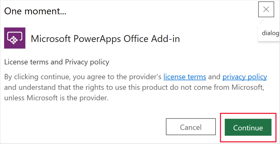 Screenshot der Nachricht zu den Lizenzbedingungen und der Datenschutzrichtlinie. Hervorgehoben ist die Option „Weiter“.
