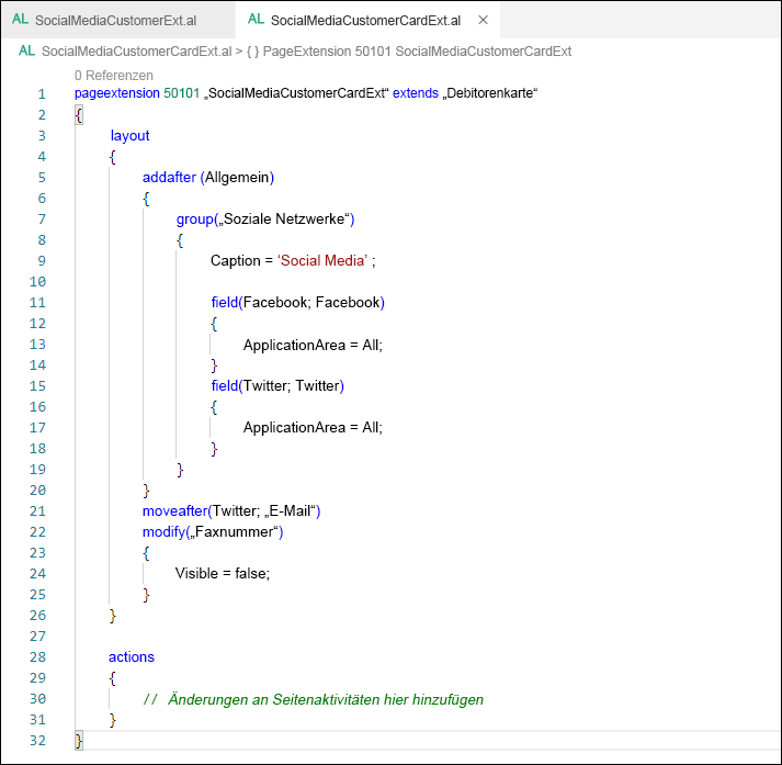 Beispiel einer AL-Seitenerweiterung für Business Central