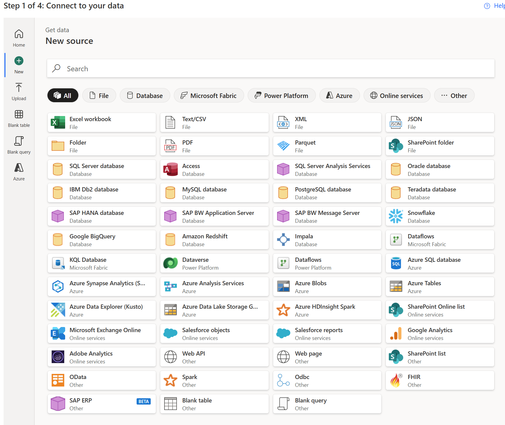Screenshot der Konnektoren, die Sie als Datenquelle verwenden können