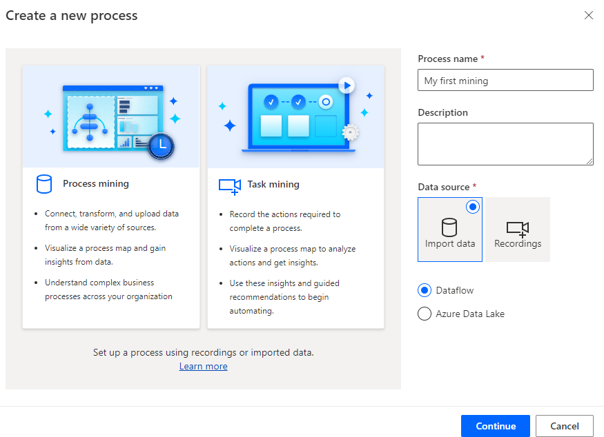 Screenshot des Assistenten „Neuen Prozess erstellen“ mit den ausgewählten Optionen „Daten importieren“ und „Dataflow“