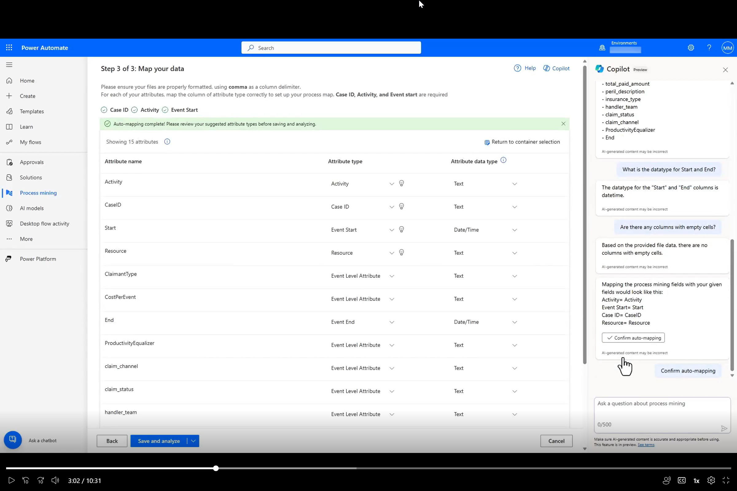 Screenshot von Copilot, der Unterstützung bei der Zuordnung von Datenfeldern leistet