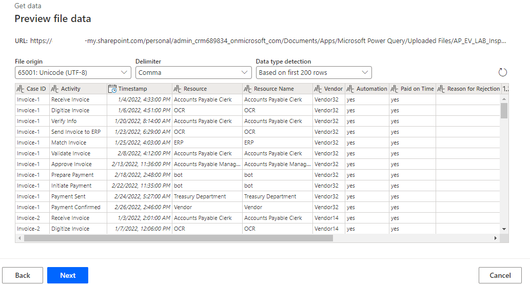 Screenshot der Vorschaudaten