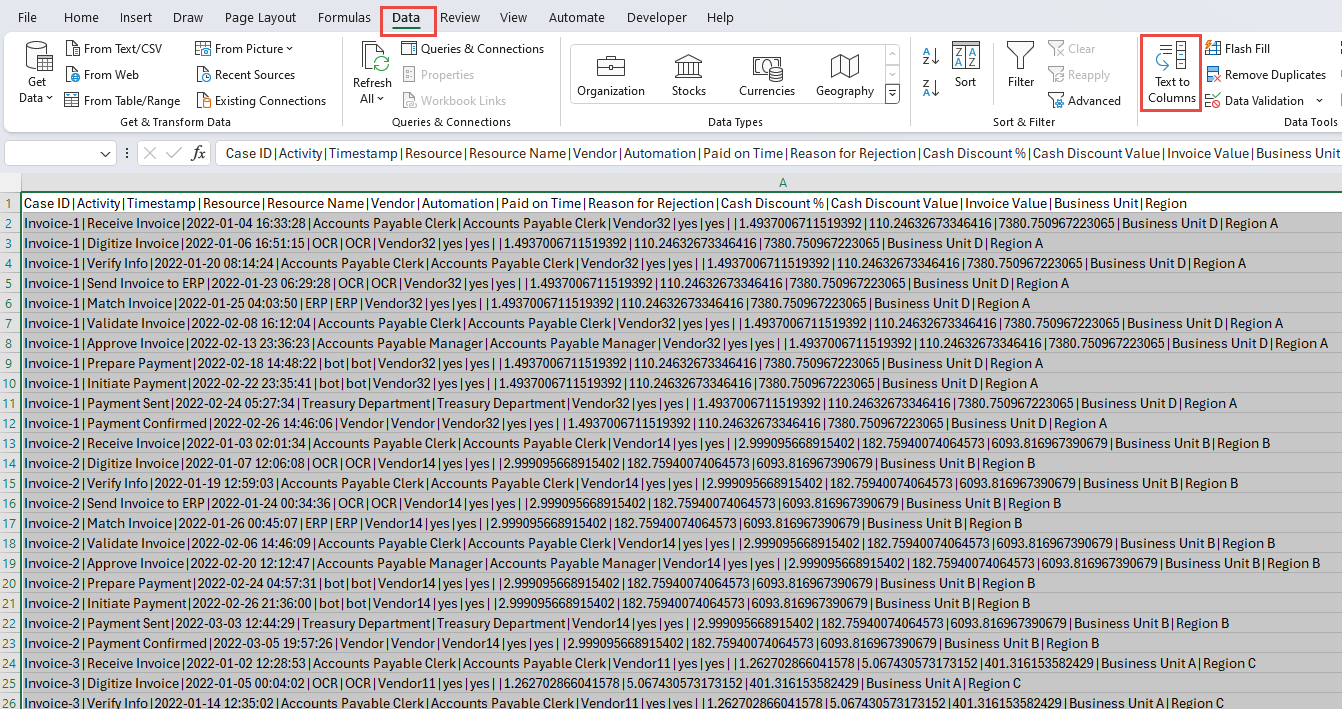 Screenshot der Registerkarte „Daten“ und der Schaltfläche „Text in Spalten“