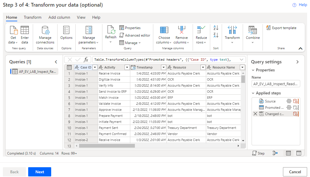 Screenshot der Phase „Daten transformieren“