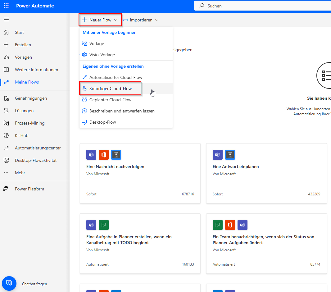 Screenshot des Menüs „Neuer Flow“ mit ausgewähltem sofortigem Cloud-Flow