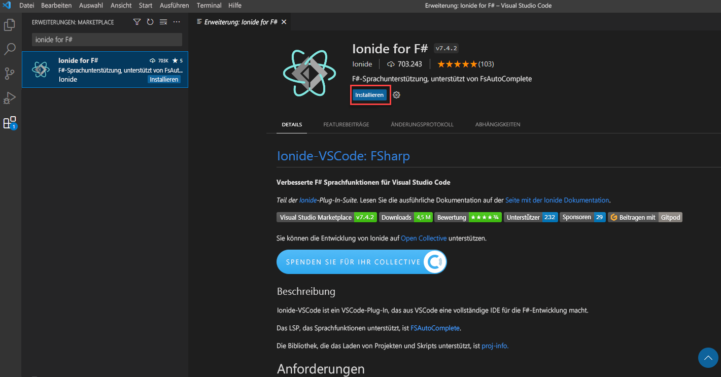 Screenshot of the Visual Studio Code extensions view that displays the F# Ionide extension install page with a box around the Install button.