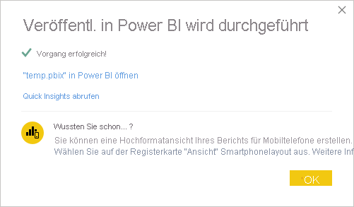 Screenshot der Erfolgsmeldung zum Veröffentlichen in Power BI.