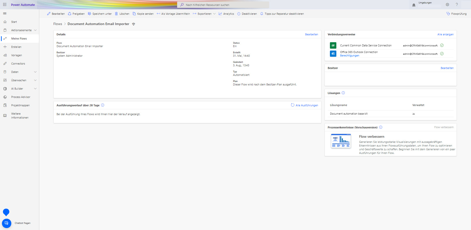 Screenshot der Seite „Meine Flows“ in Power Automate mit geöffnetem Dokumentautomatisierungs-E-Mail-Importer