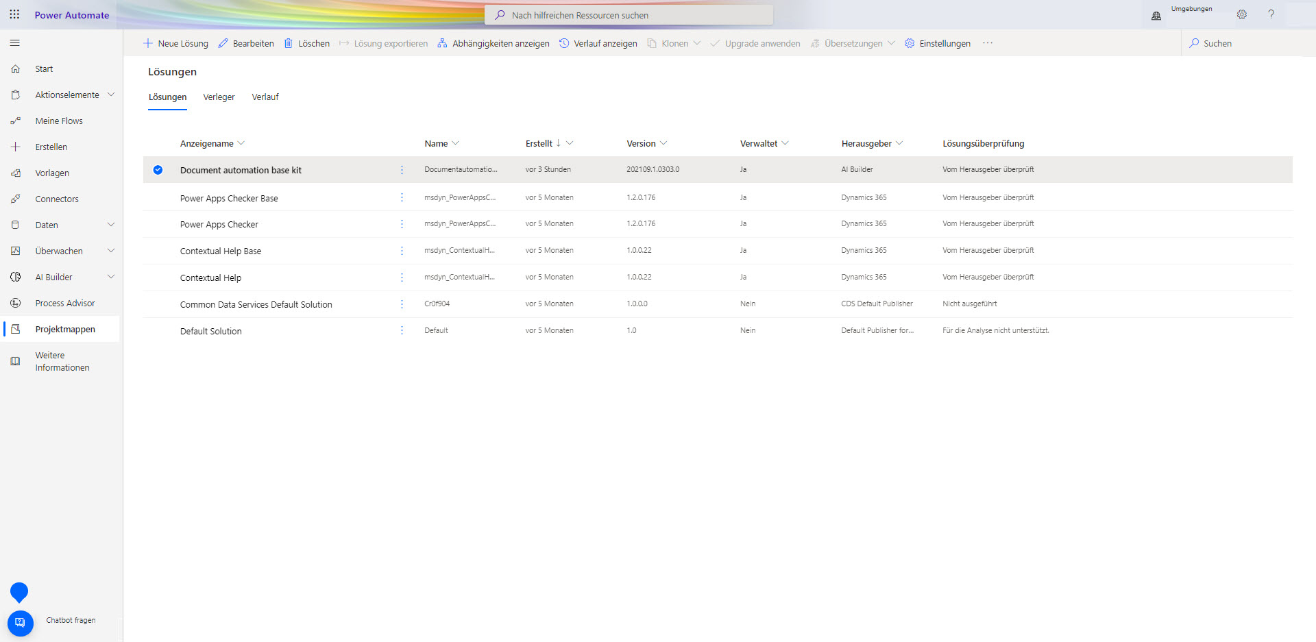 Screenshot der Power Automate-Lösungsseite mit ausgewähltem Dokumentautomatisierungs-Basiskit