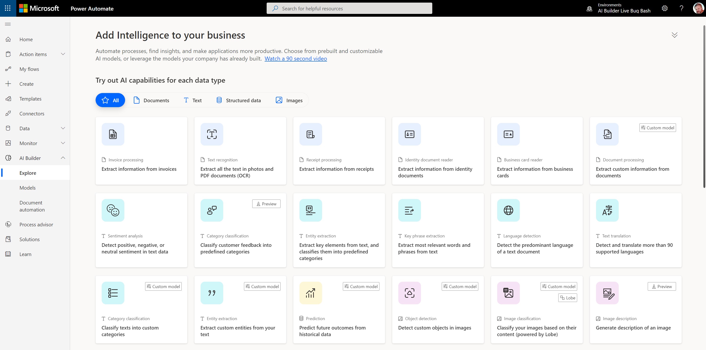 Screenshot von Power Automate auf der Registerkarte „AI Builder“