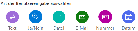 Screenshot der Typen von Benutzereingaben: Text, Ja/Nein, Datei, E-Mail, Nummer und Datum