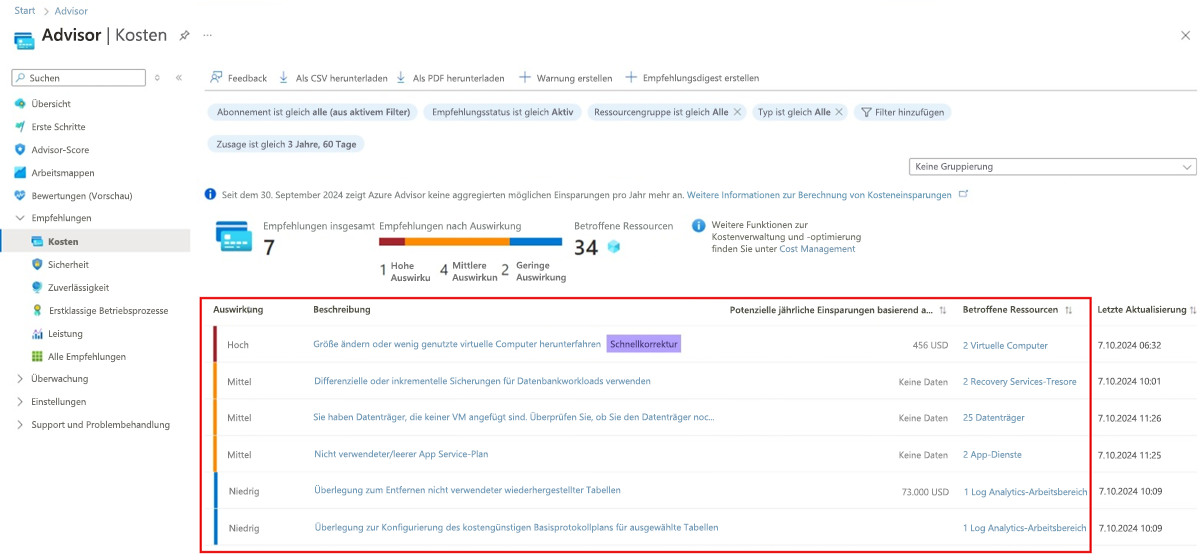 Screenshot: Advisor-Fenster „Leistung“ mit Details zu Empfehlungen.