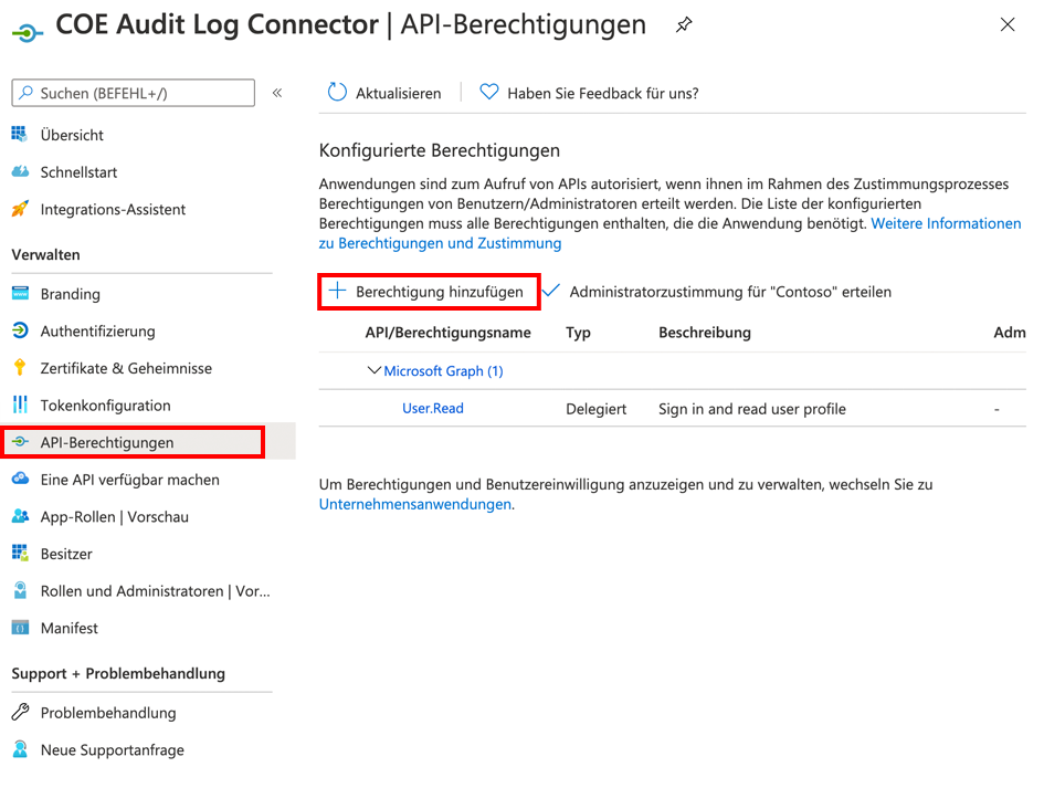 Screenshot der Auswahl von API-Berechtigungen und „+ Berechtigung hinzufügen“