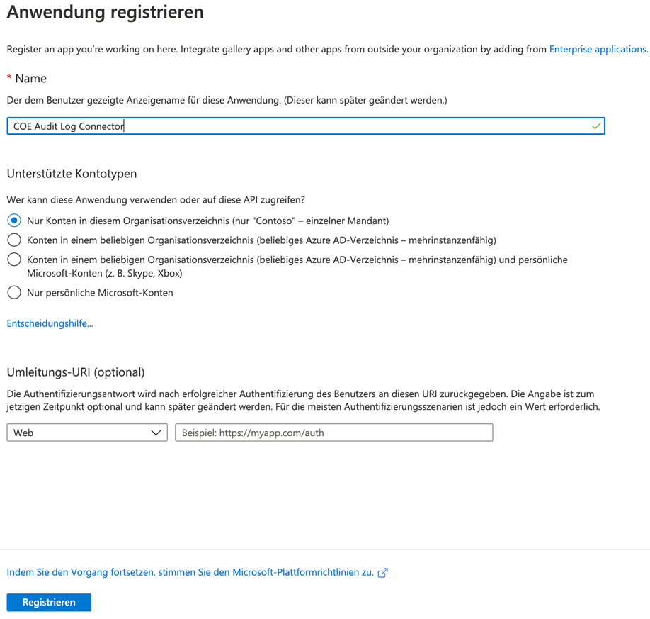 Screenshot der Namenseingabe und der Auswahl des Registers