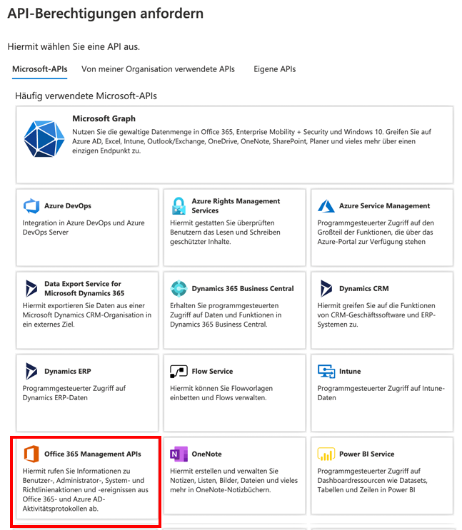 Screenshot der Auswahl von Office 365-Verwaltungs-APIs der Konfiguration der Berechtigungen
