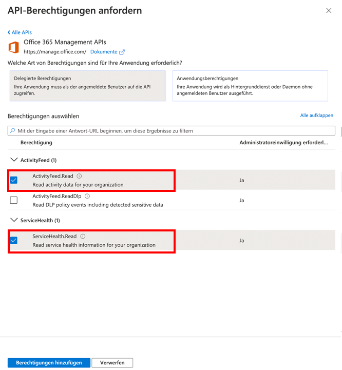 Screenshot des Auswahl der Anwendungsberechtigungen