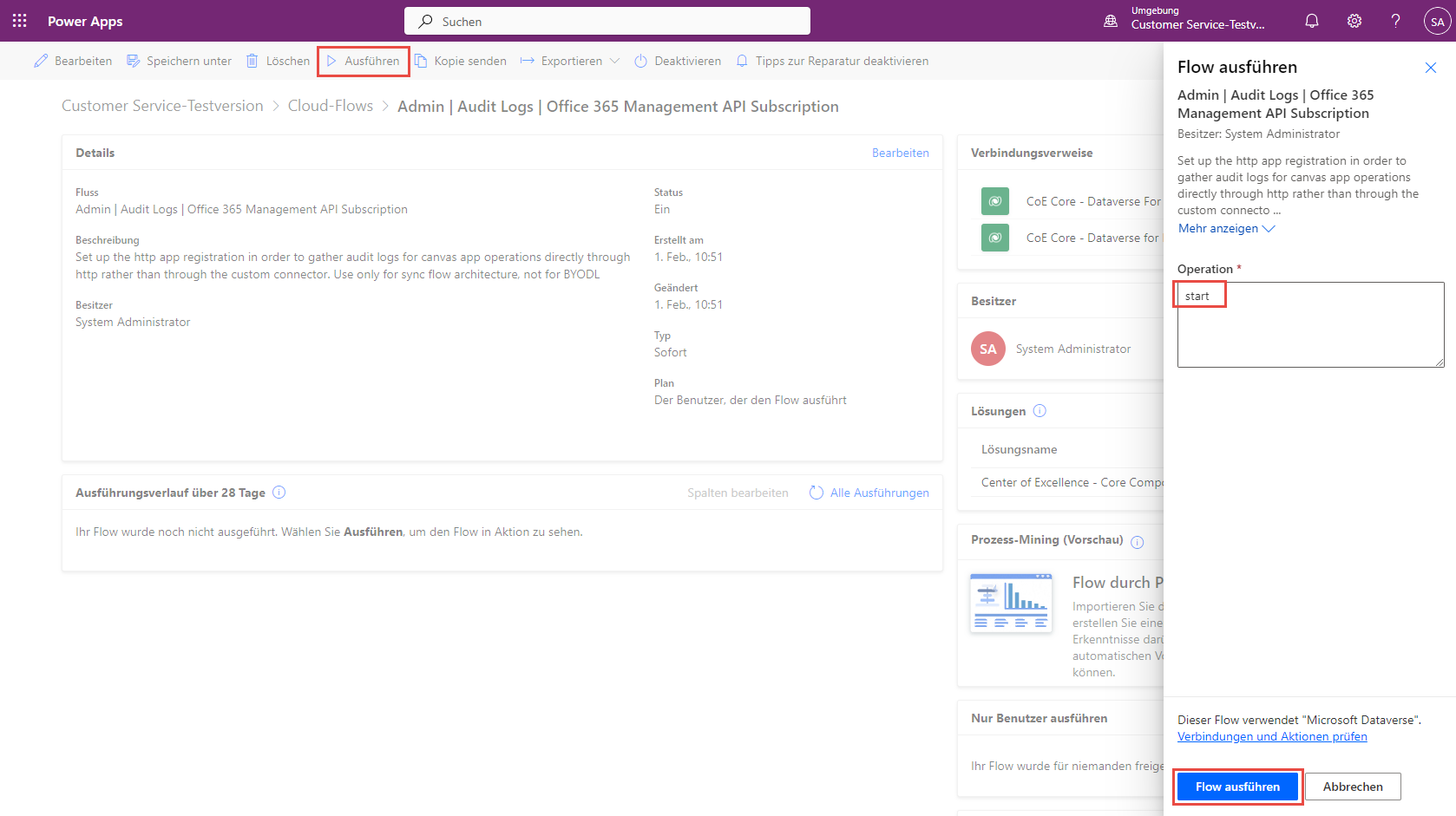 Screenshot der Office 365-Verwaltung-API-Abonnement-Admin-Audit-Protokolle