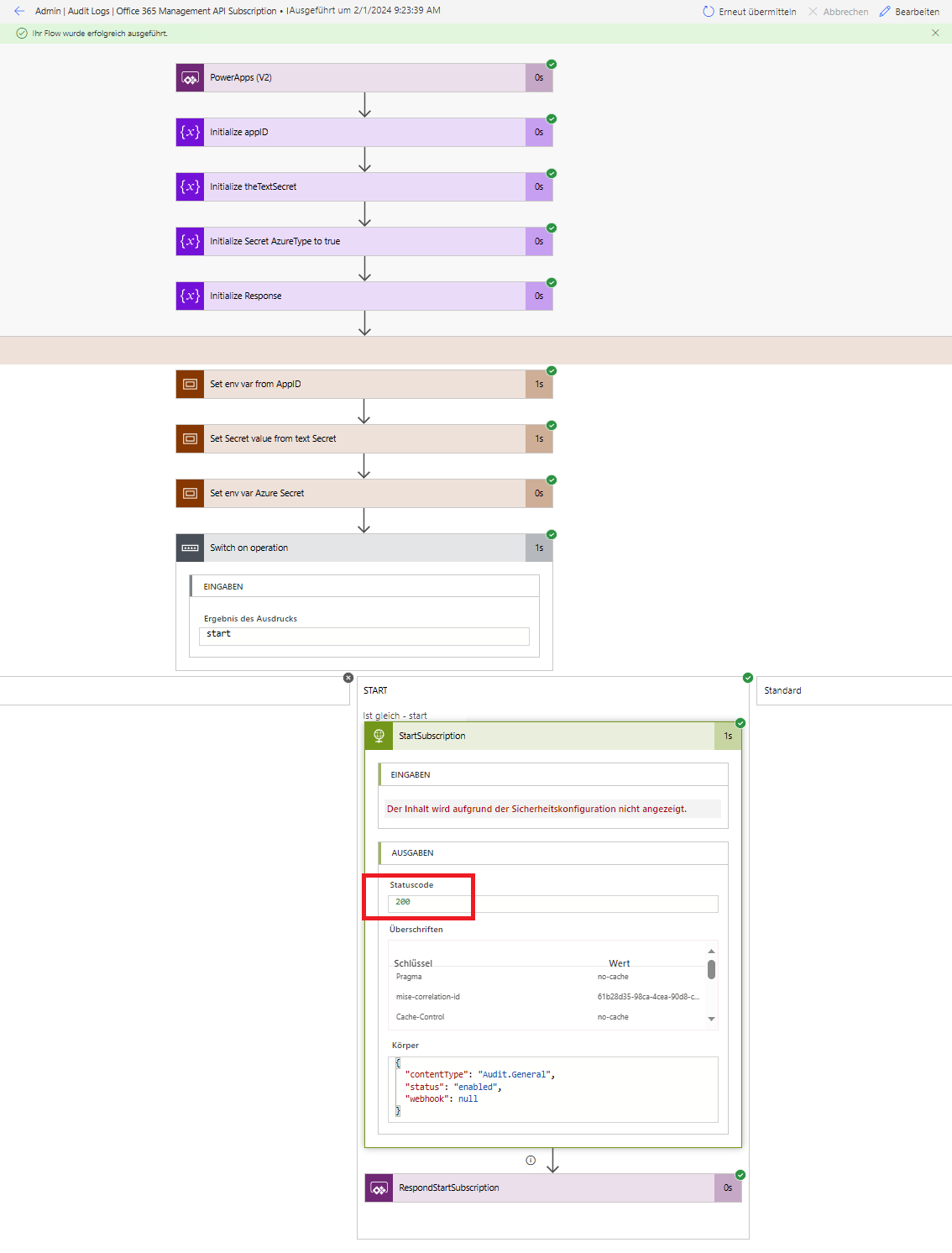 Screenshot des StartSubscription-Flows mit dem hervorgehobenem Statuscode