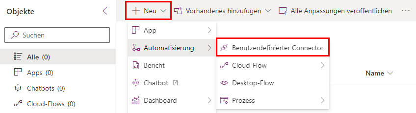 Ein Pfeil, der auf „Neue benutzerdefinierte Verbindung erstellen“ zeigt – Screenshot