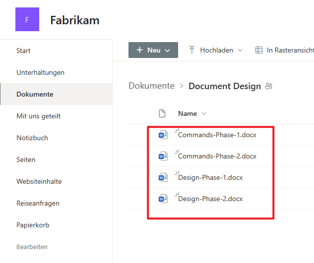 Screenshot einer Liste der gleichen Dateien in SharePoint
