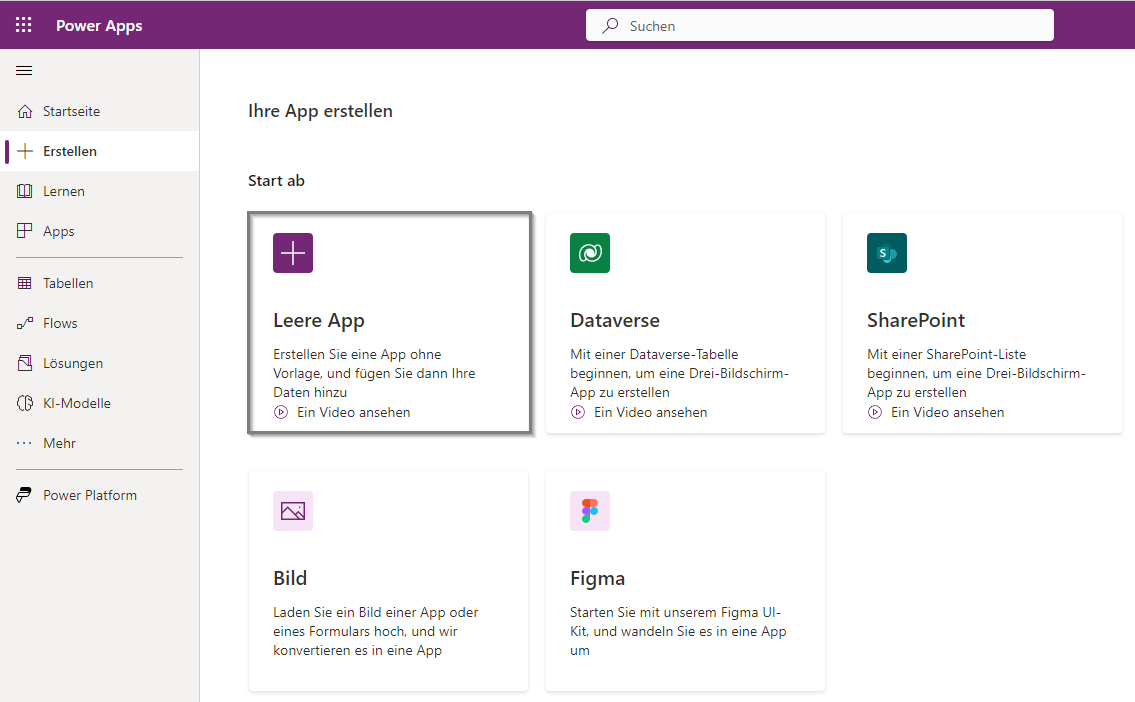Screenshot der Seite „App erstellen“ in Power Apps mit der ausgewählten Option „Leere App“