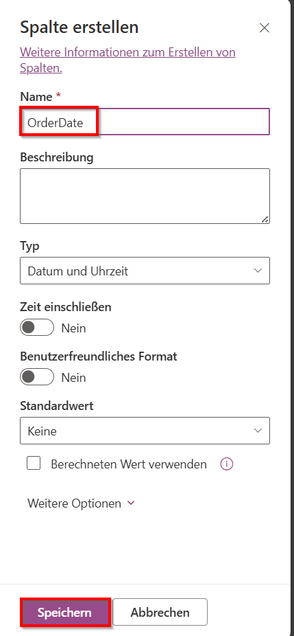 Screenshot des Dialogfelds „Spalte erstellen“ mit hervorgehobener Schaltfläche „Namenseingabe“ und „Speichern“