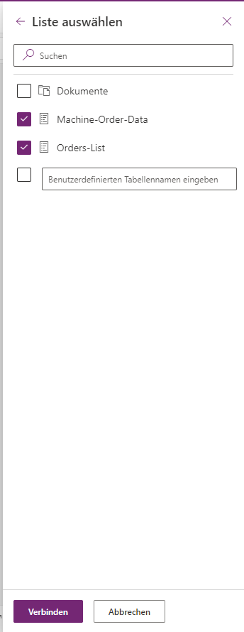 Screenshot des Dialogfelds „Liste auswählen“ mit den beiden ausgewählten Listen und der Schaltfläche „Verbinden“