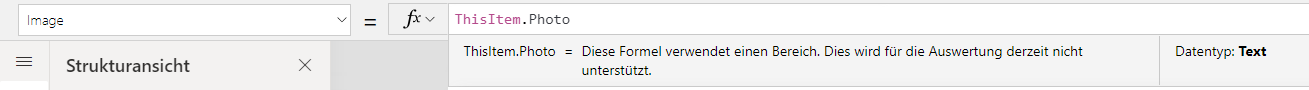 Screenshot des in der Bearbeitungsleiste ausgewählten Bildes, mit der auf „ThisItem.Photo“ eingerichteten Formel