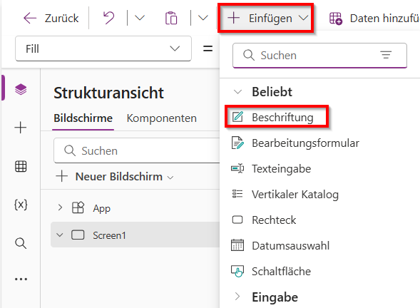 Screenshot des erweiterten Menüs Einfügen, um wichtige Elemente, einschließlich Textbeschriftung, anzuzeigen