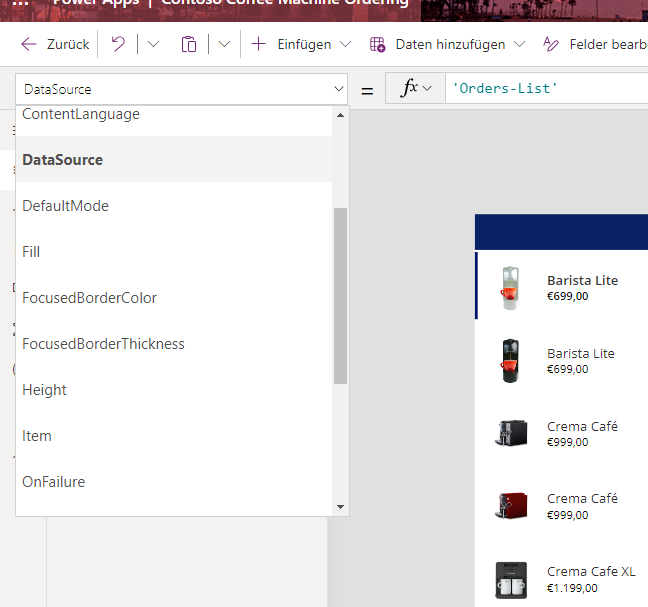 Screenshot des Dropdownmenüs mit ausgewählter Standard-DataSource und angezeigtem Item