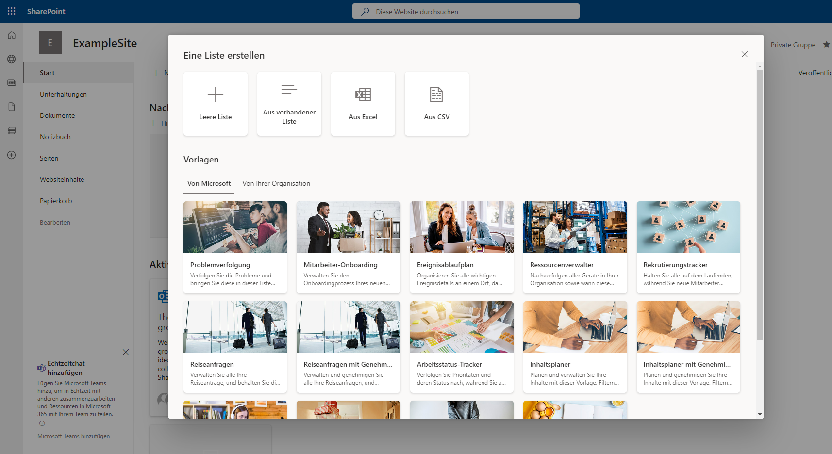 Screenshot der Seite „Eine Liste erstellen“ in SharePoint mit der Option „Von Excel“