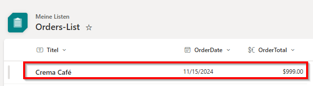 Screenshot des neu erstellten Auftrags in der Liste