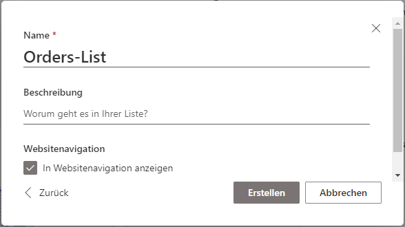 Screenshot des auf „Orders-List“ eingerichteten Namens