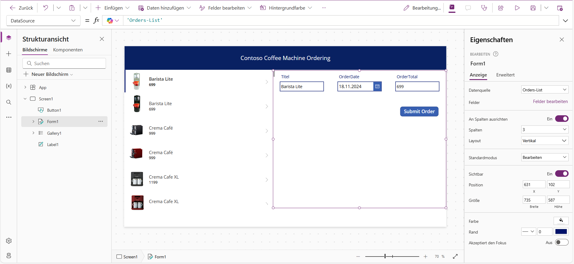 Screenshot der Canvas mit dem ausgewählten Formular und der „Orders-List“ als DataSource in der Formelleiste.