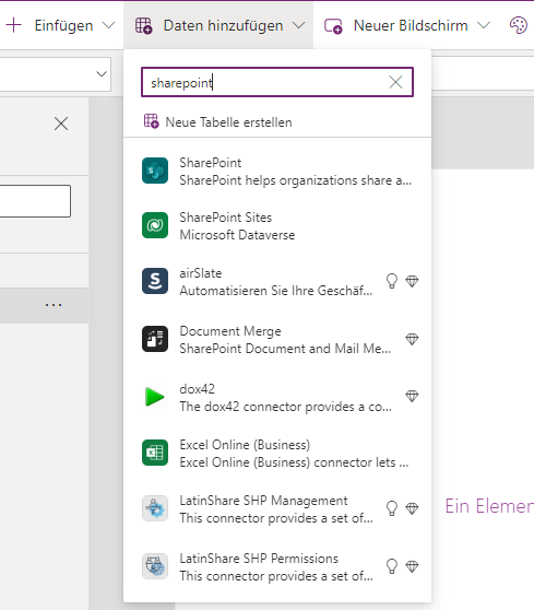 Screenshot des erweiterten Dropdownmenüs „Daten hinzufügen“ zum Anzeigen von Suchergebnissen für SharePoint