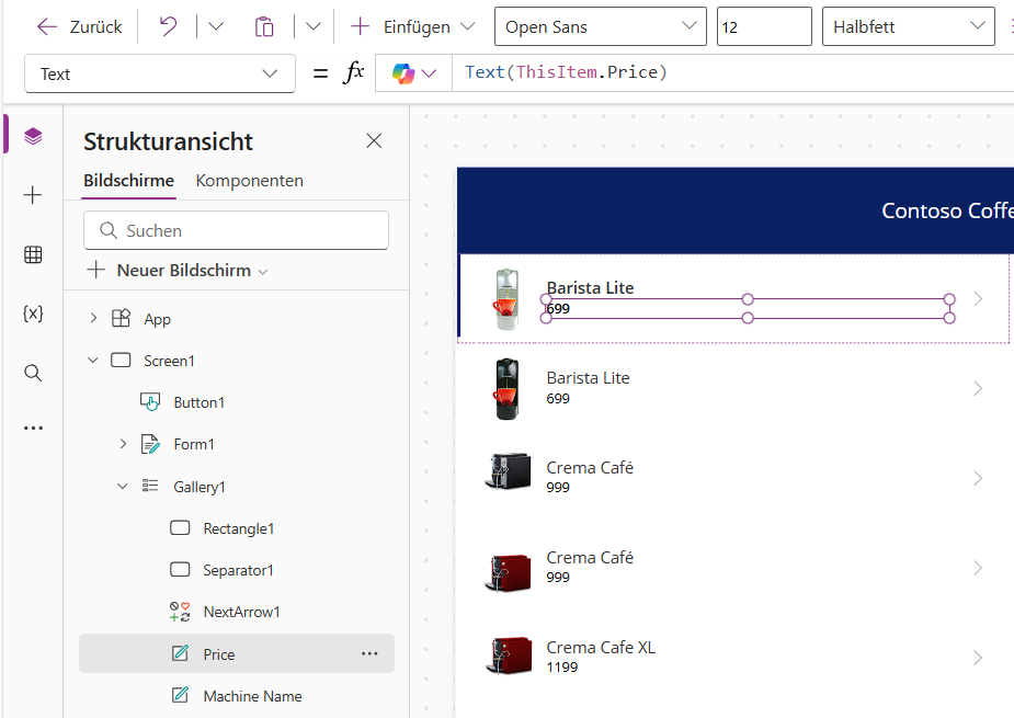 Screenshot der Strukturansicht, in der der erste Bildschirm erweitert ist, um den ersten Katalog anzuzeigen, der erweitert ist, um den ersten Untertitel anzuzeigen.
