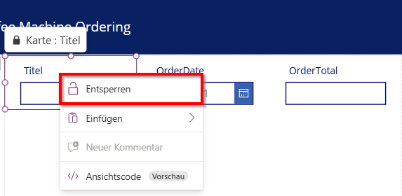 Bild der ausgewählten Karte „Titel“ mit den Rechtsklick-Optionen und der hervorgehobenen Option „Entsperren“