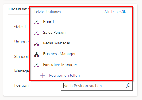 Screenshot des Positionsfelds mit ausgewähltem Verkäufer