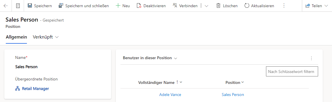 Screenshot des Bildschirms „Verkäufer“ mit Adele Vance in den Benutzern in diesem Positionsbereich