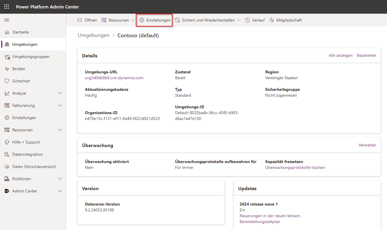 Screenshot der ausgewählten Einstellungen im Power Platform Admin Center