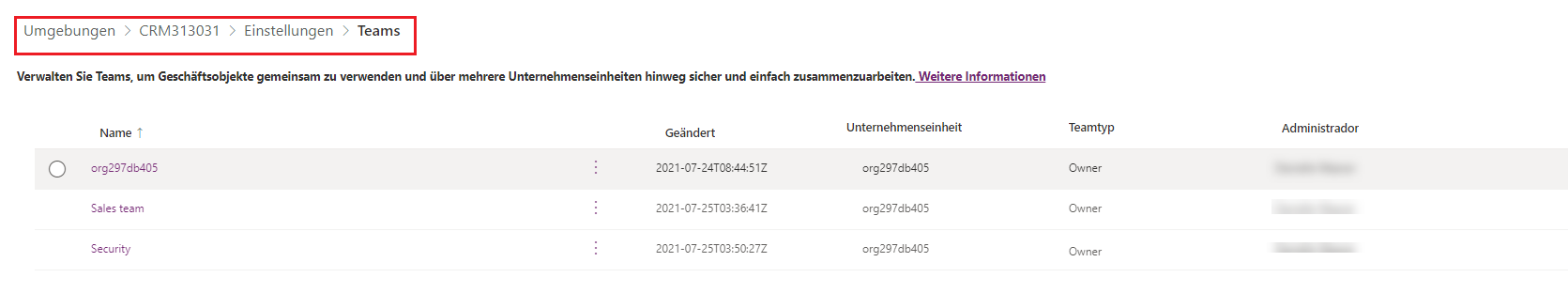 Screenshot der Teams-Listenansicht