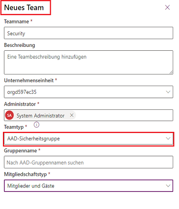 Screenshot des Teamtyps, der auf die AAD-Sicherheitsgruppe festgelegt ist