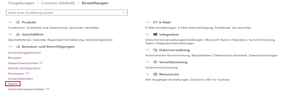Screenshot der Einstellungen mit Teams ausgewählt unter „Benutzer und Berechtigungen“
