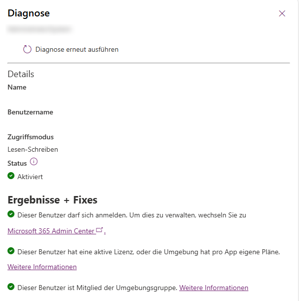 Screenshot der Ausgabe der Ausführungsdiagnose