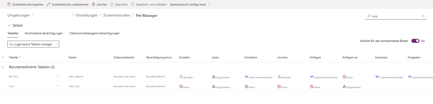 Screenshot der Tabellenberechtigungen und Zugriffsebenen in PPAC