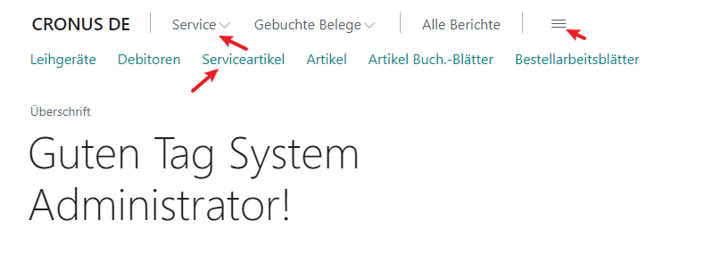 Screenshot der Navigation im Rollencenter für Serviceverwaltung